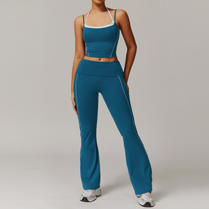 Teal Square Neck Spaghetti Strap <b>Crop</b> Top High Waist Full Length <b>Leggings</b> Set Seamless Yoga Activewear Women's Fitness Clothing - Product Image 1