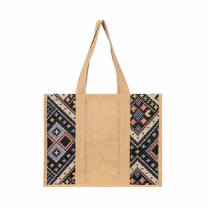 Eco-World Jute Tote <b>Bag</b> PP Webbing Shoulder Handle Zipper Closure Geometric Pattern Fashion <b>Medium</b> <b>Size</b> Daily Outdoor West - Product Image 3