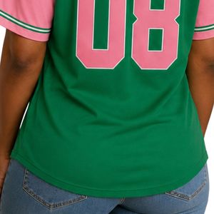Camiseta Deportiva Verde y Rosa para Mujer, Estilo Béisbol, con Botones y Diseño de Letras Griegas, Ropa Casual de Equipo, Top de Moda - Product Image 5