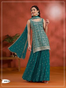 Ensemble Anarkali en soie brodée bleu sarcelle avec dupatta, longueur ras du sol, tenue traditionnelle indienne et pakistanaise pour mariage, pour femme - Product Image 1