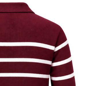 Mens Casual Burgundy Striped Quarter Zip Wool Knit <b>Pullover</b> <b>Sweater</b> with for Collar Long Sleeves and Ribbed Cuffs for Wholesale - Product Image 4