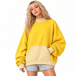Oversized Casual Sweatshirt Checked Front Pocket Detail <b>Mock</b> <b>Neck</b> Pullover <b>Top</b> Relaxed Long Sleeve Fit Modern Women’s Fashion - Product Image 1