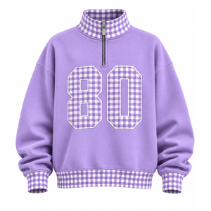 Women’s <b>Pink</b> Gingham 80 Quarter Zip Sweatshirt <b>Long</b> <b>Sleeve</b> Casual Pullover <b>Top</b> with Checkered Ribbed Collar Cuffs & Hem - Product Image 4