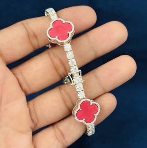 Pulsera de tenis de lujo de plata de ley 925 con trébol rosa y piedras de moissanita de corte brillante redondo, estilo hip hop, unisex - Product Image 4