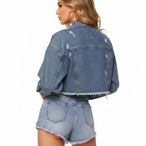 Custom Logo Cropped Denim <b>Jacket</b> <b>Women</b> Raw Hem Distressed Vintage Blue Wash <b>Crop</b> <b>Jean</b> <b>Jacket</b> Wholesale Streetwear - Product Image 3
