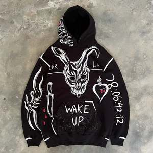 Sudadera con Capucha Negra Extra Grande para Hombre, Estilo Urbano, Diseño de Calavera de Conejo Dibujada a Mano, Estilo Graffiti, Ropa Casual de Otoño - Product Image 1