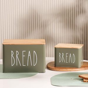 Moderna Caja de Pan de Metal Verde con Tapa de Bambú, Contenedor Rectangular para Almacenamiento de Alimentos para Cocina - Product Image 1