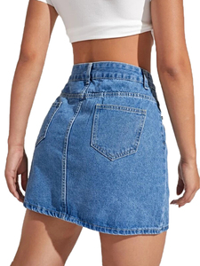 Mini Casual Denim Skirt Women Regular Waist Belt Straight Slim Knee-Length Summer Streetwear Cotton Embroidery Print - Product Image 5