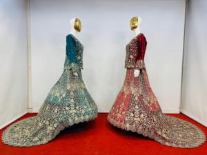 Top court en velours Lehenga Choli avec traîne longue, entièrement orné de broderies, 5 options de couleurs magnifiques en tissu filet - Product Image 3