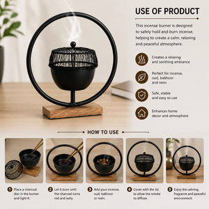Brûleur d'encens moderne en métal, cadre circulaire élégant avec couvercle en treillis métallique sur base rectangulaire en bois pour une décoration intérieure de luxe - Product Image 3