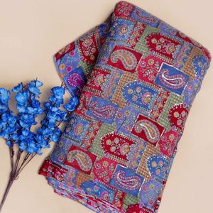 ผ้าเครปสีน้ำเงินรอยัลบลูเบอร์รี่ลายเพสลีย์แบบแพทช์เวิร์ค พร้อมลายปักตกแต่งสำหรับแฟชั่นบูติก - Product Image 4
