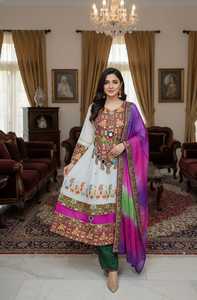 Robe traditionnelle afghane turquoise vibrante avec broderie multicolore complexe, travail miroir, manches larges et jupe à volants - Product Image 5