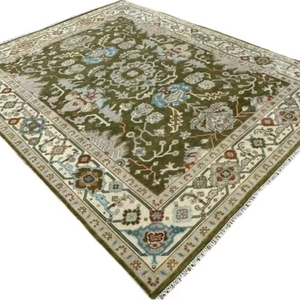 Tapis persan Oushak fait main en laine/soie noué à la main |   Vert olive-beige Moderne Abstrait Convient aux animaux domestiques Antidérapant Très résistant 1 - Product Image 1