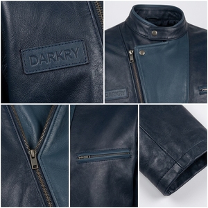 Abrigo de Cuero Genuino Azul Marino para Hombre, Estilo Trench, Cierre Asimétrico con Broches, Ropa de Invierno para Motociclistas, Abrigo Personalizado, Proveedor - Product Image 6