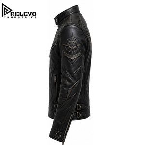 <b>Men</b> Vintage Brown Motorcycle <b>Leather</b> <b>Jacket</b> with Stand Up Snap Collar, Quilted Shoulder Panels, Zipper Chest Pocket & Tailored - Product Image 3