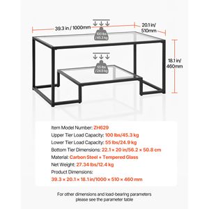 Tavolino da Caffè Moderno a 2 Ripiani in Vetro Temperato con Vano Portaoggetti, Scrivania Rettangolare e Robusta Struttura in Metallo, Stile Minimalista - Product Image 3