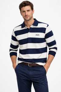 <b>Men's</b> <b>Long</b> <b>Sleeve</b> Polo Shirt Navy <b>White</b> Striped Collar Casual Knitted <b>Top</b> - Product Image 1