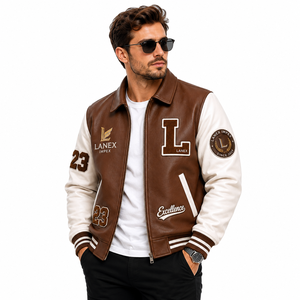 Custom Brown <b>White</b> Leather Varsity <b>Jacket</b> for <b>Men</b> Premium Letterman Bomber <b>Jacket</b> with Chenille Embroidered Patches OEM ODM - Product Image 1