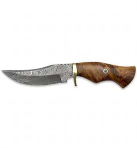 Cuchillo utilitario de punta curva de acero de Damasco hecho a mano con mango de madera de Burl y guardacuchillo de latón, herramienta de campo - Product Image 4