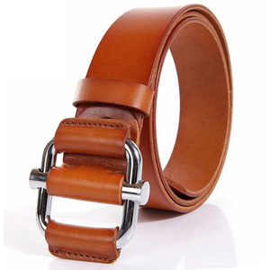 Ceinture en cuir de vachette marron avec boucle rectangulaire argentée, style décontracté et durable - Product Image 1