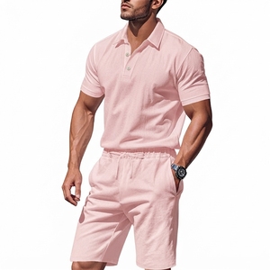 Ensemble polo et short en coton pour homme, couleur unie, décontracté, respirant, tricoté, 2 pièces, gris - Product Image 4