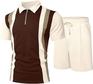 Ensembles de survêtements d'été pour hommes 2 pièces avec shorts, tenues de sport à manches courtes, polos de golf à quart de zip, chemises rayées en velours 100% - Product Image 1