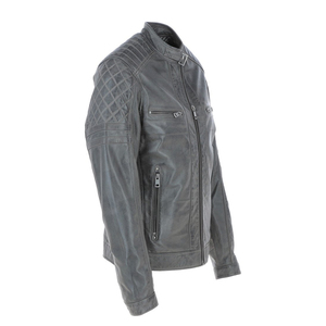 <b>Men's</b> Genuine Grey <b>Leather</b> Motorcycle <b>Jacket</b> Stand Collar Zipper Closure Washed Finish Solid Color Regular Fit Style - Product Image 2