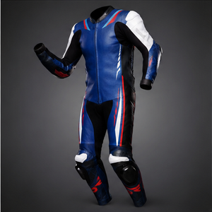 Combinaison de moto pour homme en PU bleu, blanc et rouge, coupe ajustée, imperméable, fermeture éclair, doublure en laine, streetwear, veste de motard - Product Image 4