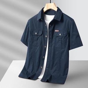Chemise d'affaires décontractée pour homme, coupe ajustée, manches courtes, imprimé numérique uni, résistante aux plis, séchage rapide, 100 % coton - Product Image 3
