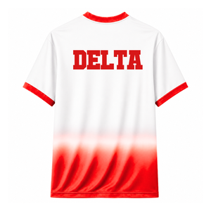 เสื้อฟุตบอลชมรมเดลต้า ซิกมา ตีต้า แบบสั่งทำพิเศษ แขนสั้น สีแดงและสีขาวไล่เฉด  ผ้าโพลีเอสเตอร์ระบายอากาศได้ดี - Product Image 3
