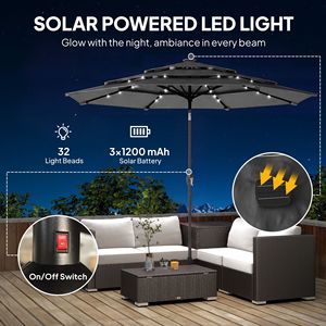 Ombrellone a braccio a 3 livelli con LED solari per esterni, con manovella inclinabile, nero - Product Image 4