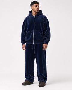 Veste de sport décontractée pour homme en velours peluche bleu nuit à col montant zippé, style streetwear, et pantalon de survêtement coupe droite - Product Image 1
