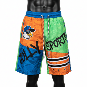 Pantalones cortos cortavientos de poliéster taslan premium, con paneles en naranja, verde y azul, estampado por sublimación, bordado y logotipo personalizado para hombre. - Product Image 1