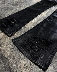 Trendy Custom Designer Skinny Studded Ripped Distress Waxed Bell Bottom <b>Boot</b> Cut Flared Baggy Stacked Denim Jeans <b>Pants</b> for Men - Product Image 3