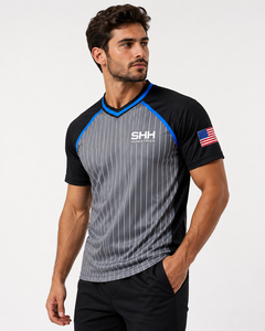 Camiseta de Árbitro Personalizada con Rayas Grises y Negras, Ribete Azul, Cuello en V, Manga Corta, Uniforme de Baloncesto para Oficiales - Product Image 5