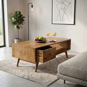 Solid Wood Living Room Cabinets Mid Century Modern Storage Sideboard Buffet Credenza Having <b>Slide</b> Out Drawer Extension Media Box - Product Image 3