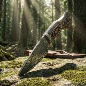 Cuchillos de caza de acero de Damasco hechos a mano de primera calidad con mango de madera, alto brillo, grado industrial, funda para acampar al aire libre - Product Image 5