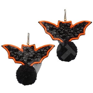 Pom Pom Bat Black Beaded Earrings for Women Patriotic <b>Memorial</b> Day Orange White Blue Colour Fabric Material - Product Image 1