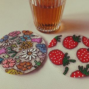 Handmade Beaded <b>Coaster</b> Set Embroidered Floral Strawberry <b>Drink</b> Cup Mat Table Decoration - Product Image 1