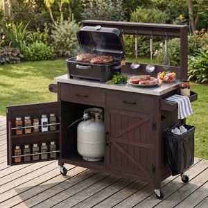 Isola Cucina da Esterno 137 cm con Ripiano Alto, Grande Panca da Patio, Tavolo con Piano in Acciaio Inox, Armadietto Contenitore per Attrezzi da Giardino - Product Image 2