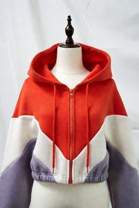 Women's Color Block <b>Cropped</b> <b>Zip</b> <b>Up</b> Hoodie Long Sleeve Drawstring Hooded Sweatshirt Casual Streetwear Jacket - Product Image 2