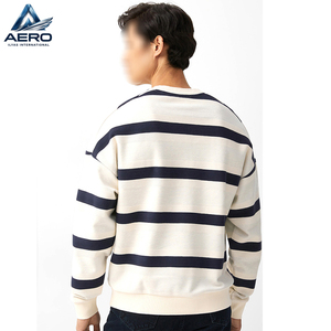 Sweat-shirt rayé pour homme en gros, col rond, épaules tombantes, rayures horizontales blanc cassé et bleu marine, personnalisable, pour tenue décontractée - Product Image 2
