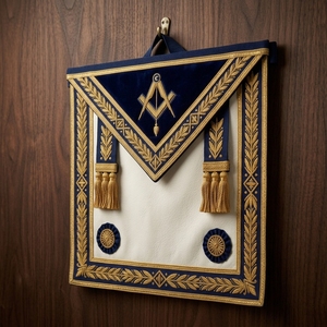 SMART SHINE ENTERPRISES Custom <b>White</b> Leather Masonic <b>Apron</b> Blue Trim Gold Embroidered Square Compasses Symbol Classical Style - Product Image 2