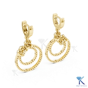 Boucles d'oreilles pendantes double cercle en diamant CVD HPHT de laboratoire, pavé floral, or massif 14 carats, bijoux de luxe pour femme, pour mariage et soirée - Product Image 4