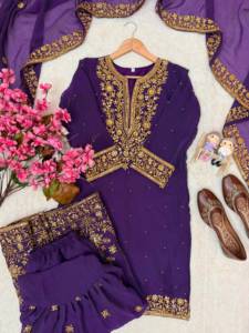 Ensemble de costume pour femme violet tissé et brodé, style Anarkali Kameez, avec pantalon Palazzo, Dupatta et châle en résille, pour fêtes d'été et mariages - Product Image 5