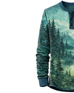 Camisa Henley para Hombre con Estampado de Montaña y Bosque, Color Verde Azulado, Manga Larga, Cierre de Botones, Estilo Casual para Exteriores, Ligera y Moderna - Product Image 3
