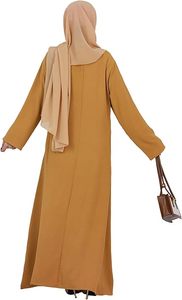 Abaya femme couleur moutarde unie, manches longues, col rond, robe longue modeste en coton, coupe ample, pour usage quotidien, style Moyen-Orient - Product Image 6