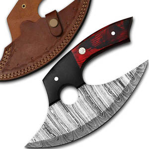 Custom Handmade Damascus Steel Pizza Cutter Wheel Ulu Knife With Red & Black Handle Kitchen Axe with Genuine Leather Sheath - Product Image 3