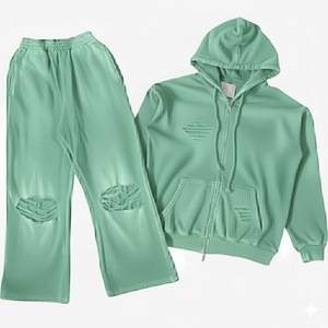 Custom Acid Wash Sweatsuit Jogging Track Suit <b>Set</b> Street wear Puff Print <b>Spray</b> Wash Flare Sweatpants and Full Zip up Hoodie <b>Set</b> - Product Image 1