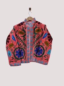 Chaqueta de Terciopelo con Bordado Floral a Mano, Cuello Mandarín, Manga Larga, Talla Grande, Estilo Prairie Chic para Mujer, Primavera - Product Image 1